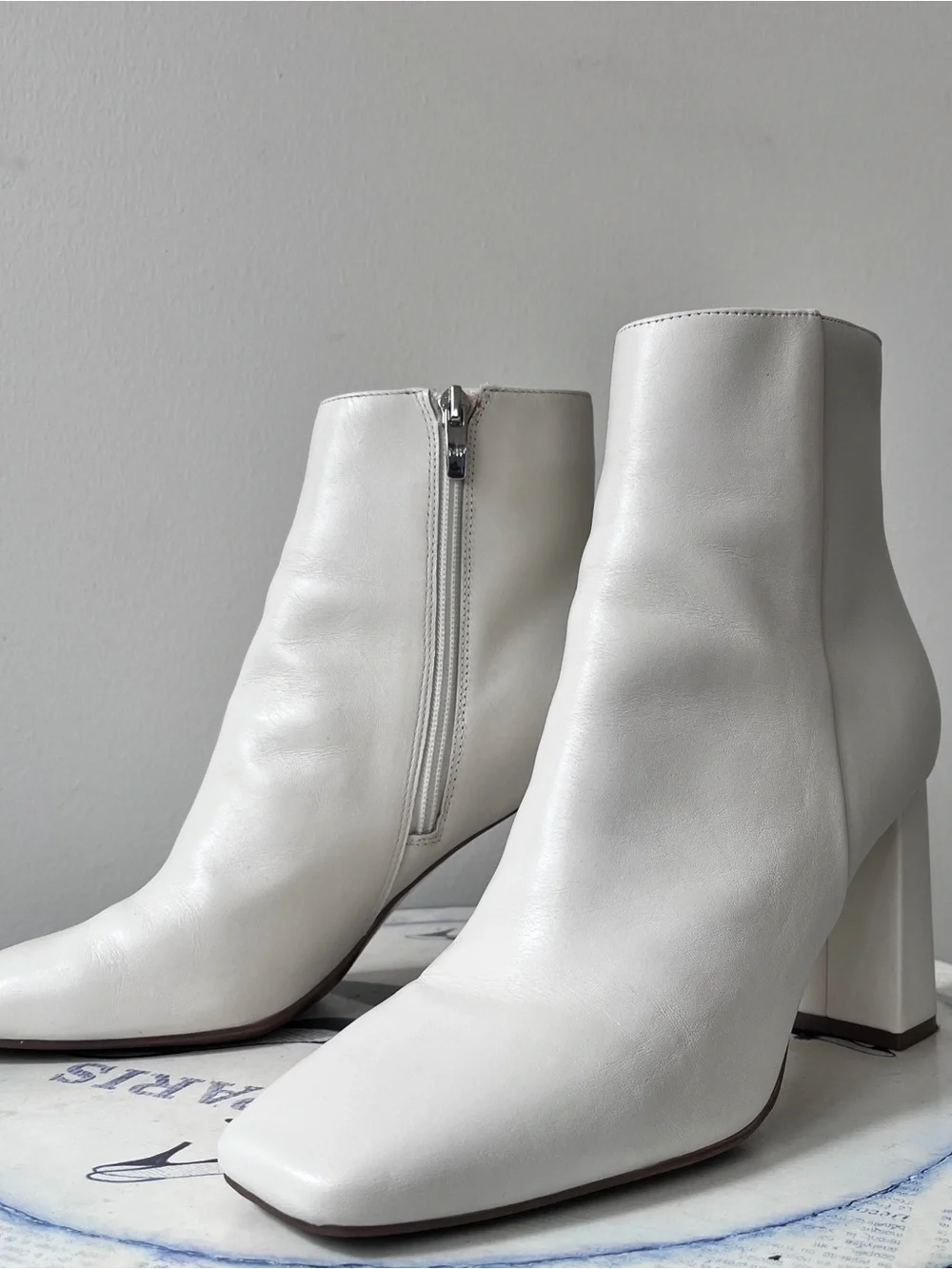 Marc Fisher NEBULA Bone White Leather Square-Toe Women’s Ankle Heeled Boots 8